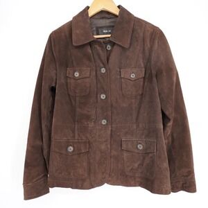 Vintage Y2K Suede Leather Jacket Womens L Brown Safari Button Classic Lined
